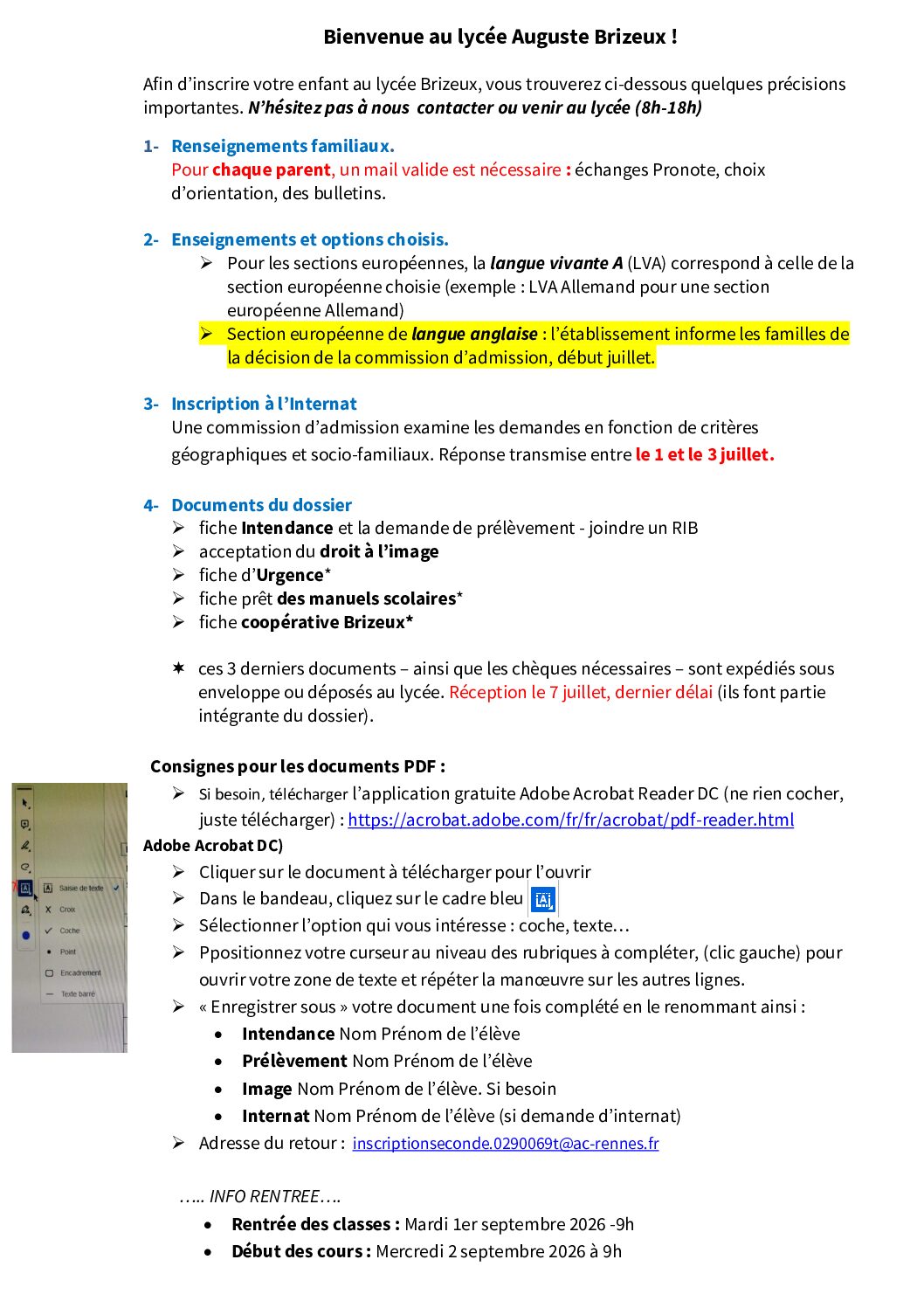consignes pour l'inscription 2nde.
